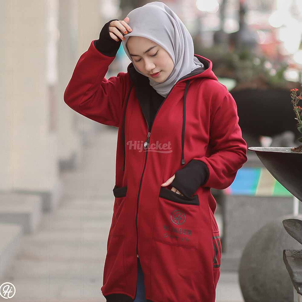 Jaket Jacket Hoodie Panjang Wanita Cewek Muslimah Hijabers Kekinian Terbaru Roundhand Finger HJ YK-Marun