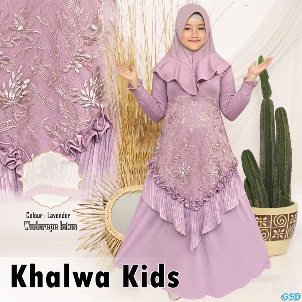 Syari Khalwa kids/Gamis Syari Anak Fit 9-12 Tahun /Gaun Muslim Murah Best Seller/ Baju Ngaji Cewek Impor Motif Brukat/ Good Quality