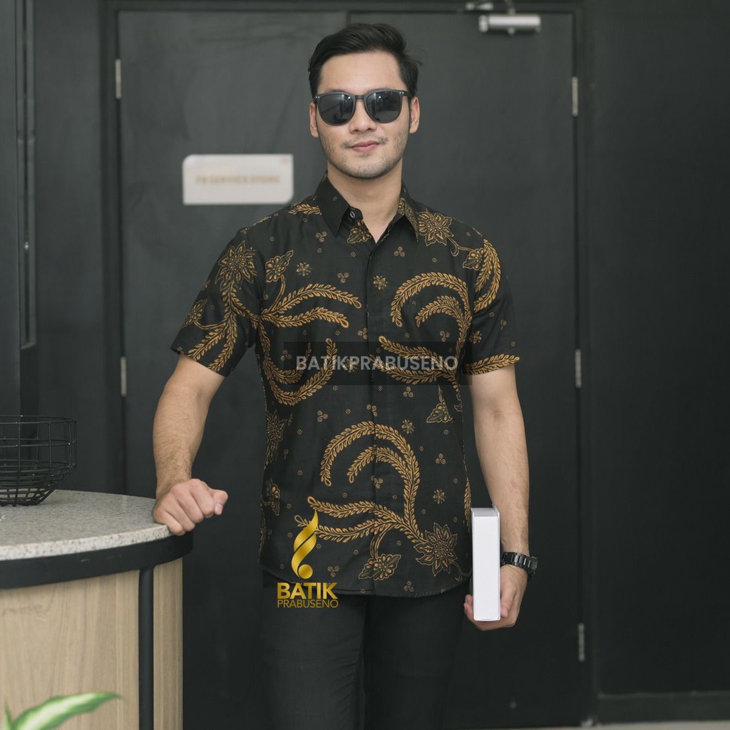 Parikanca Batik PRABUSENO Original 100% Katun Asli Pria Lengan Pendek Printing Kemeja Formal Kantor 