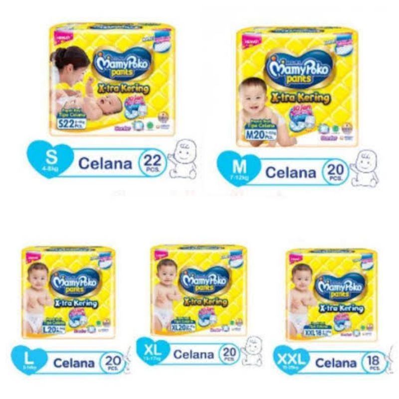 Pampers Mamypoko ekstra kering tipe celana S 22 / M 20 / L 20 / XL 20 / XXL 18