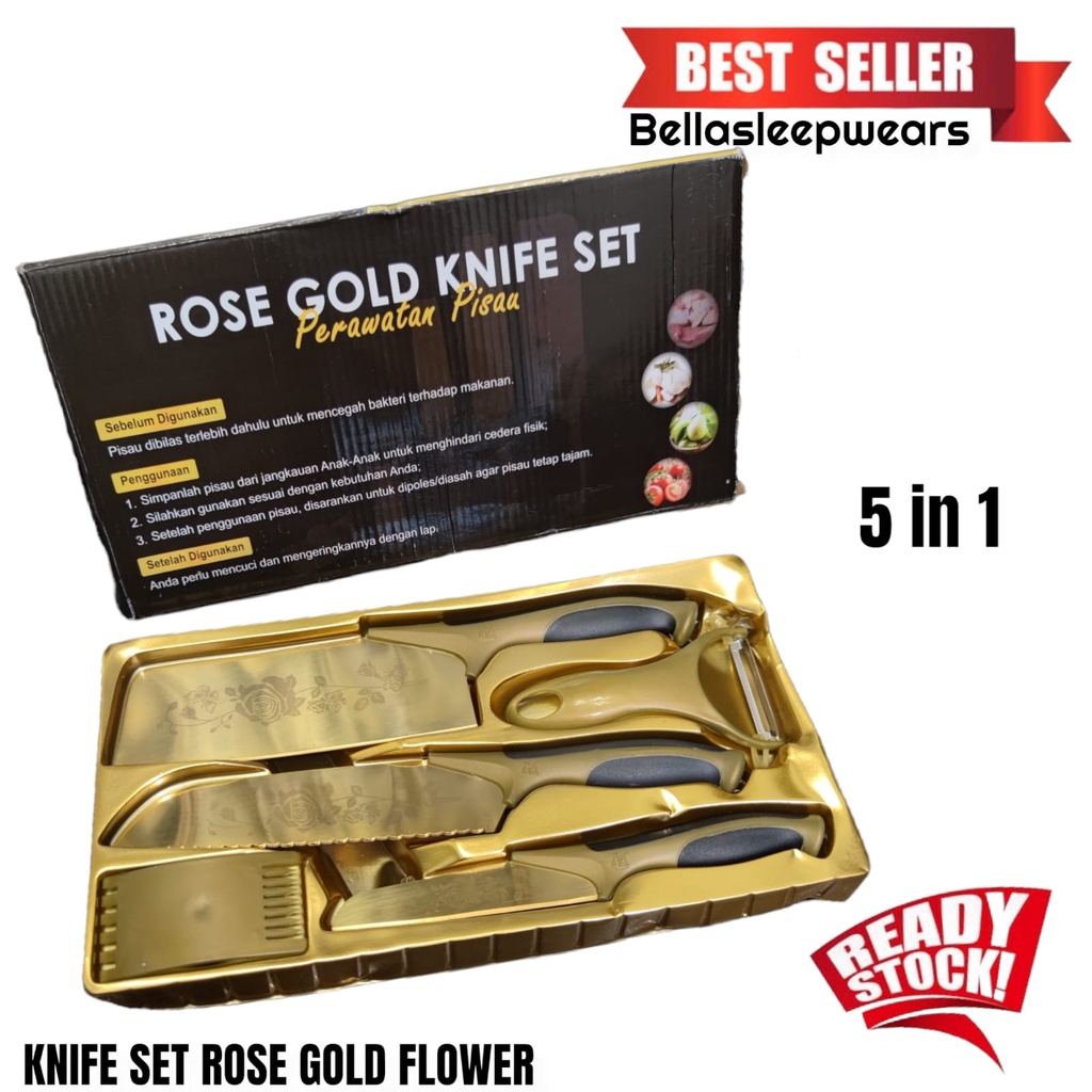 BELLA - PISAU DAPUR KNIFE SET ROSE GOLD FLOWER MEWAH LUXURY 5IN1 BERKELAS GAYA NORDIC