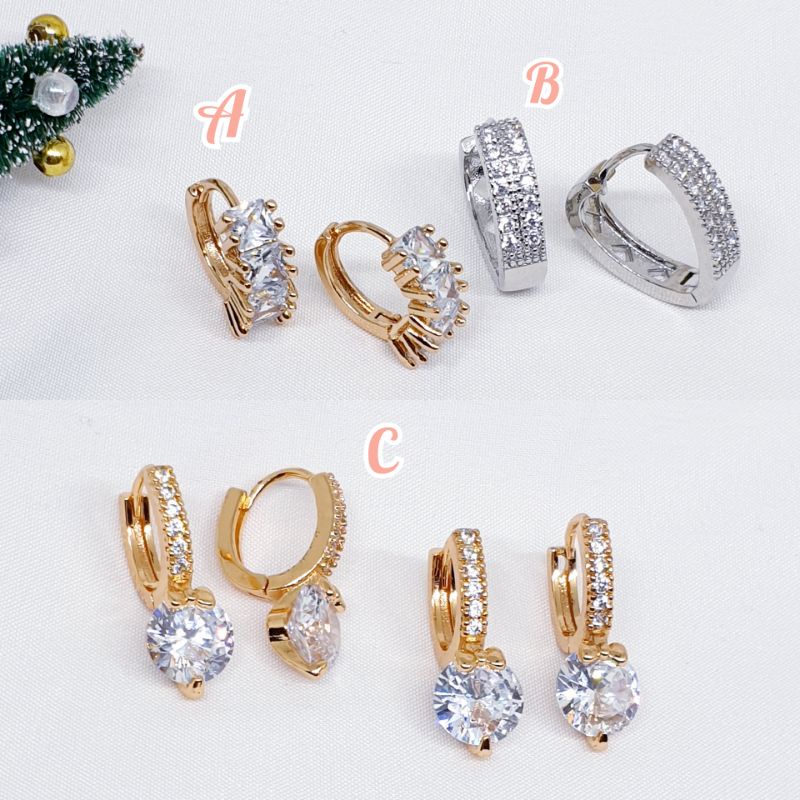 Anting ring donat silver gold colour permata zircon