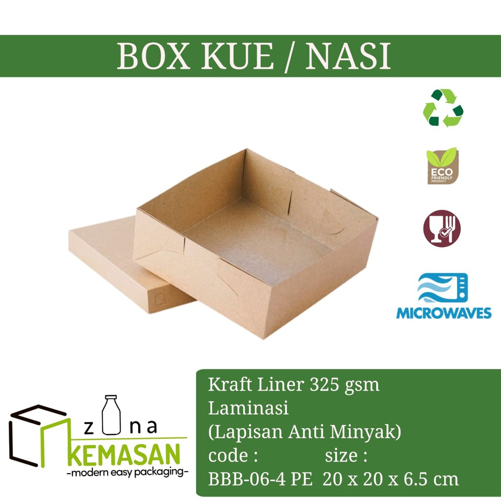 

KEMASAN BOX DUS KARDUS KOTAK KUE MAKANAN NASI ROTI KUE SNACK 20x20x6.5 KRAFT 325 gsm LAMINASI