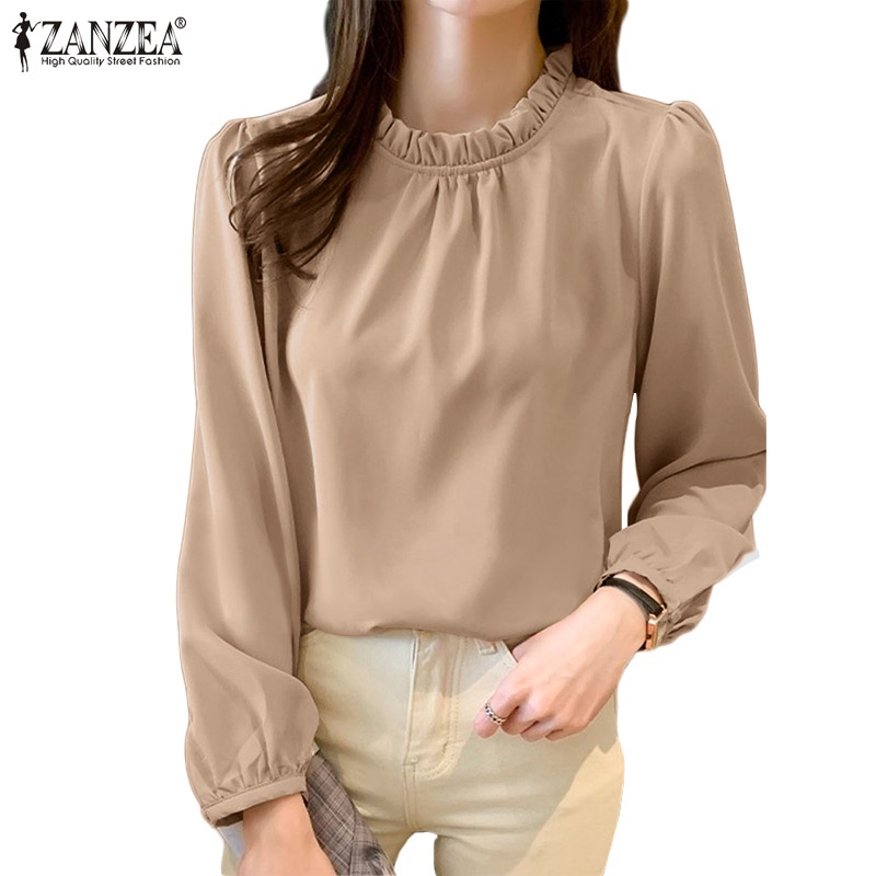 ZANZEA Women Full Sleeved Office OL Baggy Shirts O-Neck Tops Loose Blouse