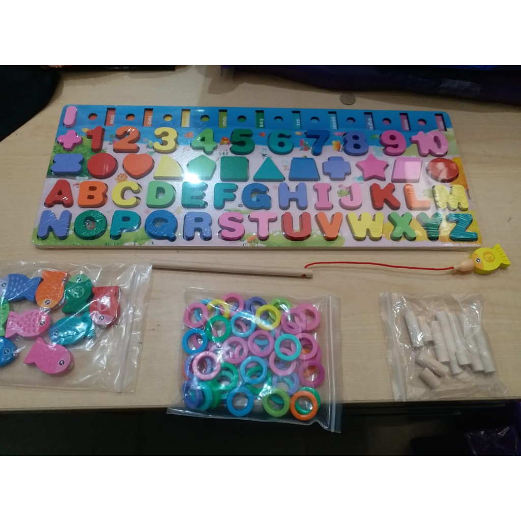 MAINAN PUZZLE EDUKASI MONTESSORI HURUF ANGKA COMPLETE IMPORT + PANCINGAN MAGNET IKAN