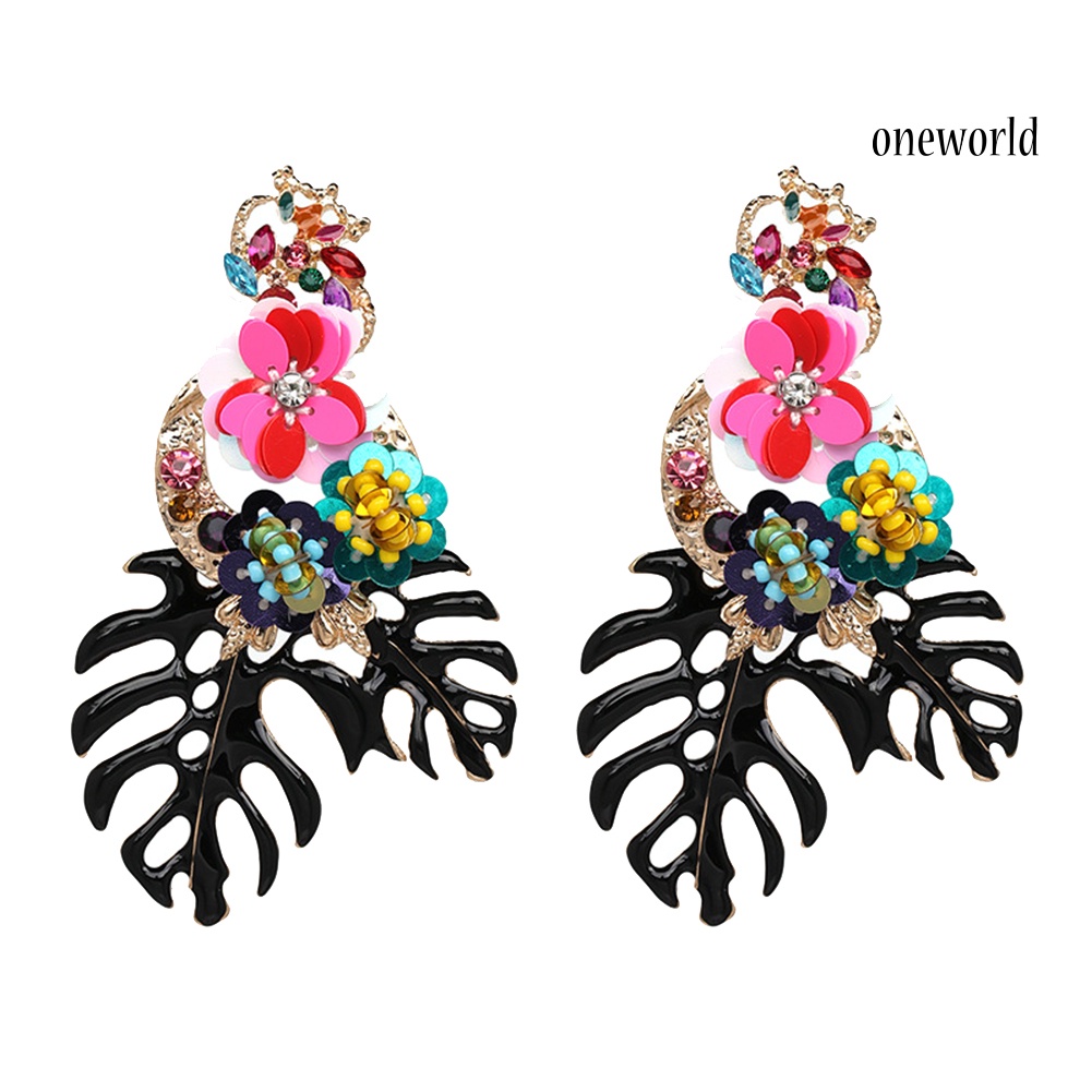 OW@ Vintage Women Leaf Flower Colorful Sequins Beads Rhinestone Statement Earrings