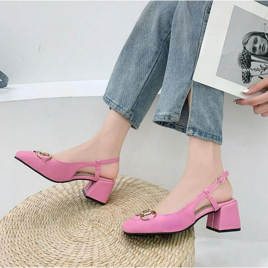 SSZ0002 Heels Wanita Fashion Import Horsebit Hak Tahu Dengan Tali Belakang Ready Jakarta Bisa COD (With Box)