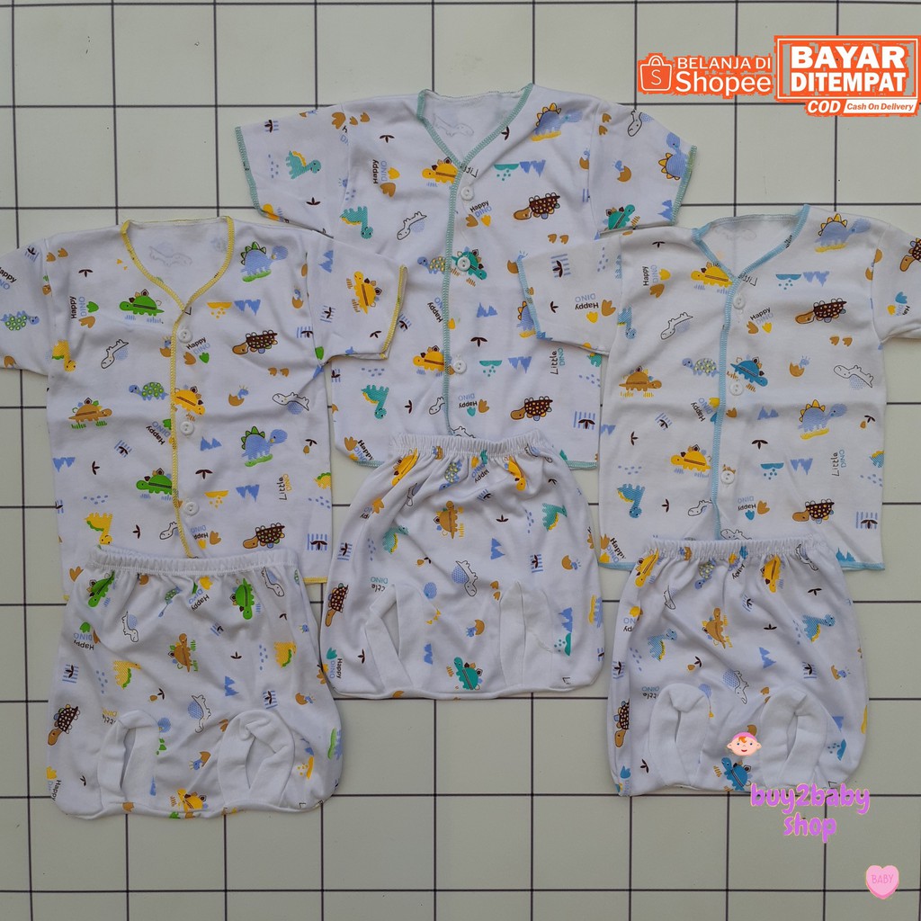 Setelan piyama pendek celana POP bayi Elfira Baby Little Dino Series Putih 0-3 Bulan 3 PCS