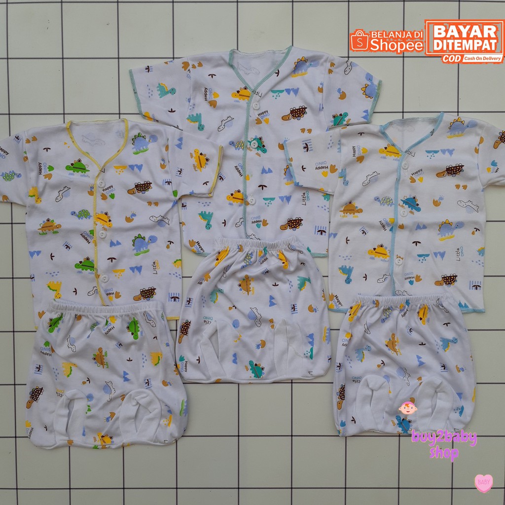 Setelan piyama pendek celana POP bayi Elfira Baby Little Dino Series Putih 0-3 Bulan 3 PCS