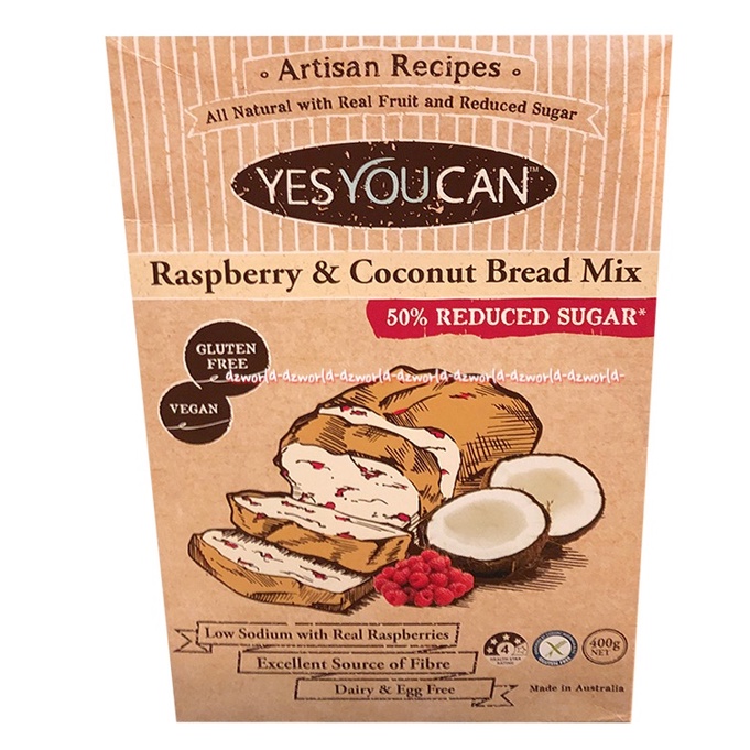 Yes You Can Raspberry &amp; Coconut Bread 400gr Tepung Premiks Rendah Gula Yesyoucan Tepung Instan Rasberi Kelapa