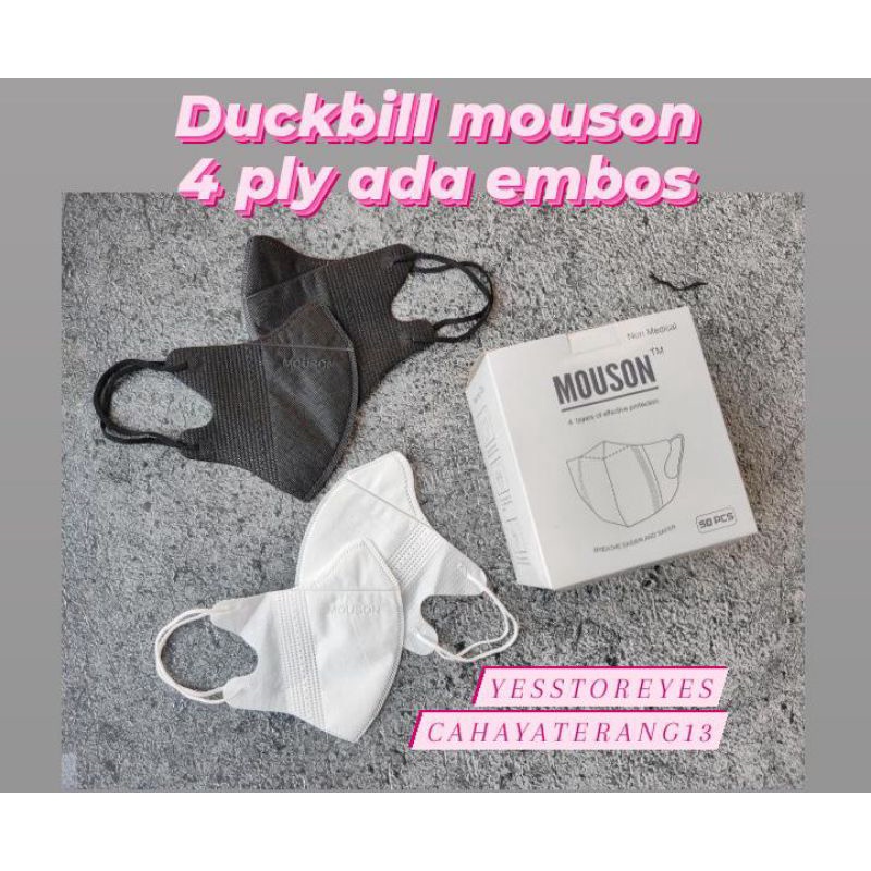 READY MASKER DUCKBILL 4 PLY MOUSON EMBOS PUTIH GARIS WHITE ISI 50 LBR