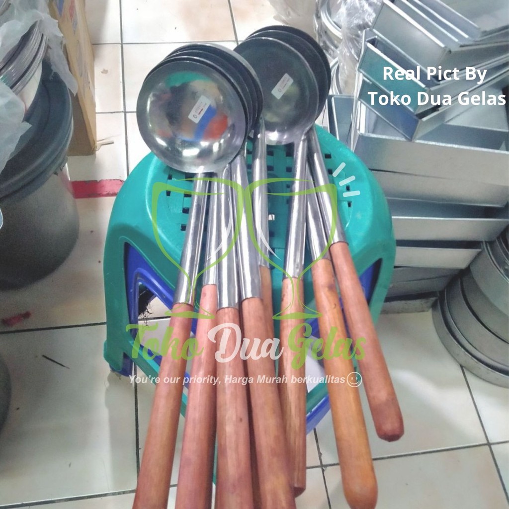 irus sendok centong kuah bakso baso sayur stainless nomor 0 panjang 40 cm diameter 12 cm gagang kayu