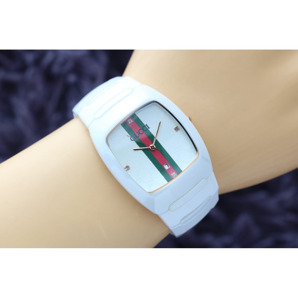 Jam Tangan Wanita Cewek Gucci Keramik Premium Tanggal Rantai Keramik