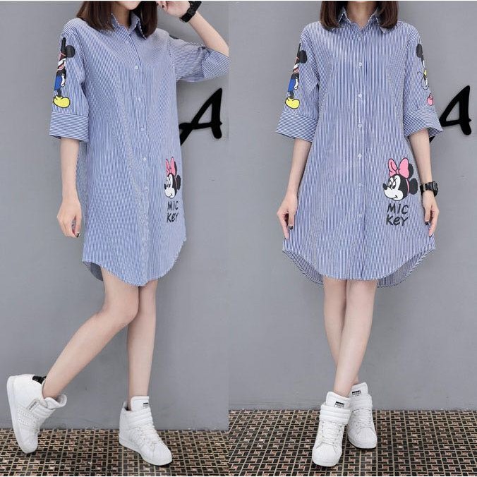 KEMEJA CASUAL WANITA MODEL PANJANG WARNA BLUE BIRU MOTIF KARTUN ASLI BAHAN KATUN BEST QUALITY IMPORT