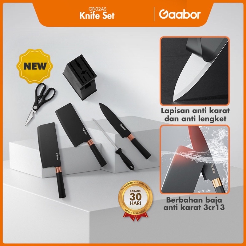 Gaabor Pisau Set Dapur Knife Set 5 in 1 Anti Karat Pisau Daging Asahan Pisau Gunting Pisau Serbaguna / GP-02AS