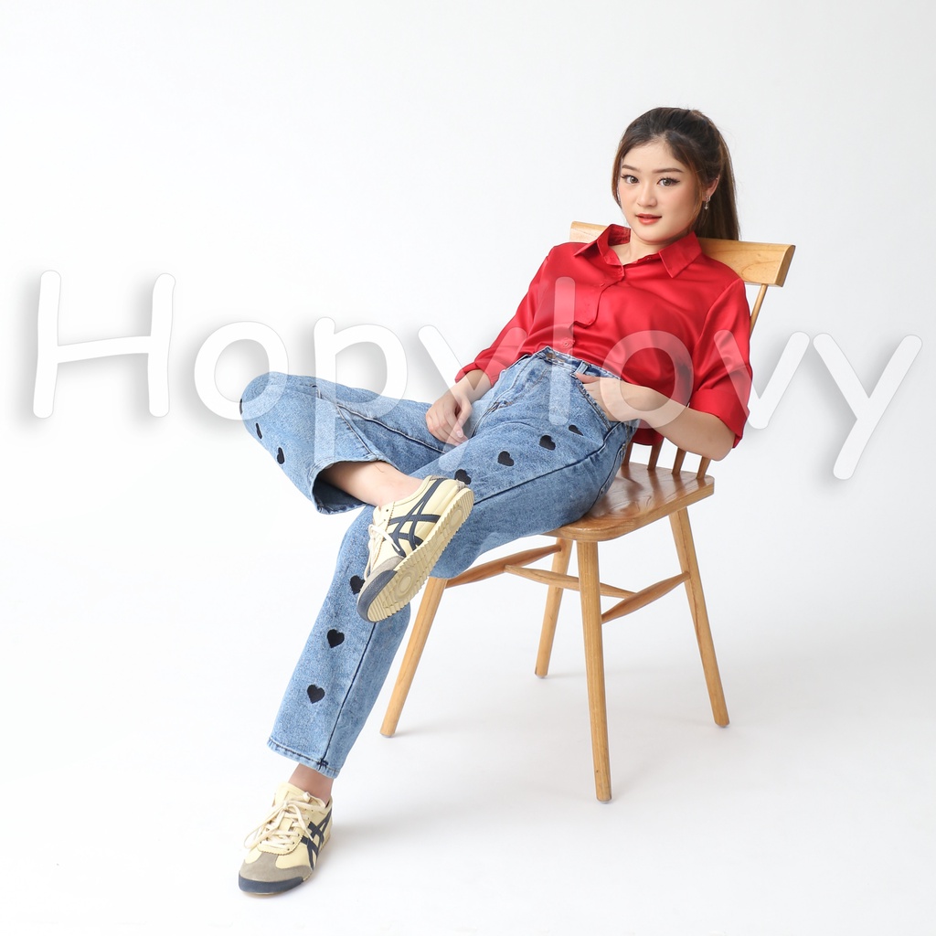 HOPYLOVY Celana Boyfriend Jeans Wanita Loose Jeans Bordir Love Avanti