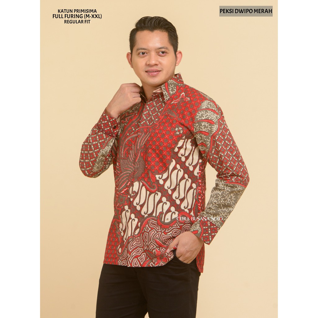 PEKSI DWIPO MERAH Kemeja Batik Pria Lengan Panjang Full Furing Katun Primisima