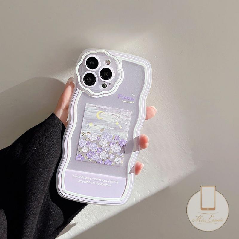 Soft Case Pelindung Lensa Kamera Desain Lukisan Minyak Bunga Ungu Untuk iPhone 11 12 13 Pro MAX XR 6 6s 7 8 Plus SE 2020 X XS MAX