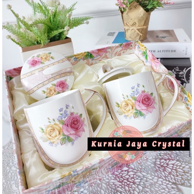 Mug keramik + tutup 1 set isi 2 motif shabby