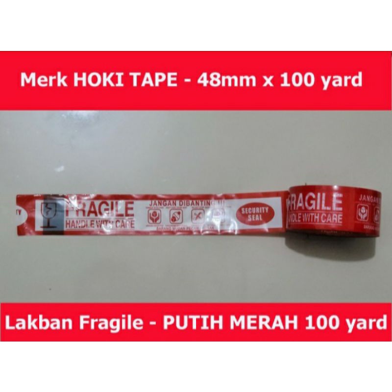 

LAKBAN FRAGILE MERAH PUTIH MERK HP TAPE 45 MM X 100 YARD 2 IN 1