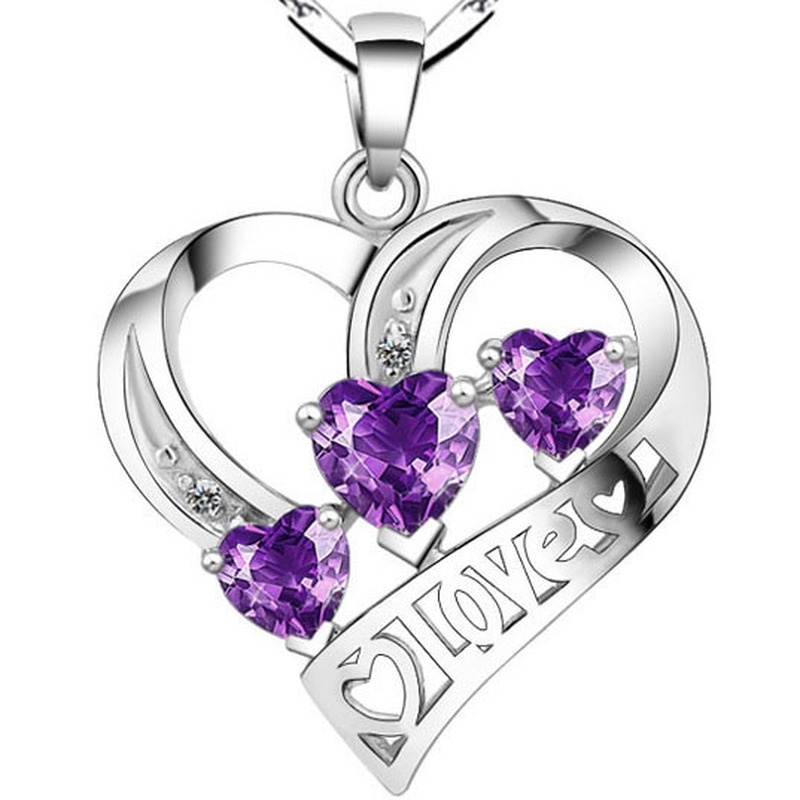 [Ready Stock]Fashion Simple Heart-Shaped Amethyst Pendant Silver Plated Clavicle Chain Necklace