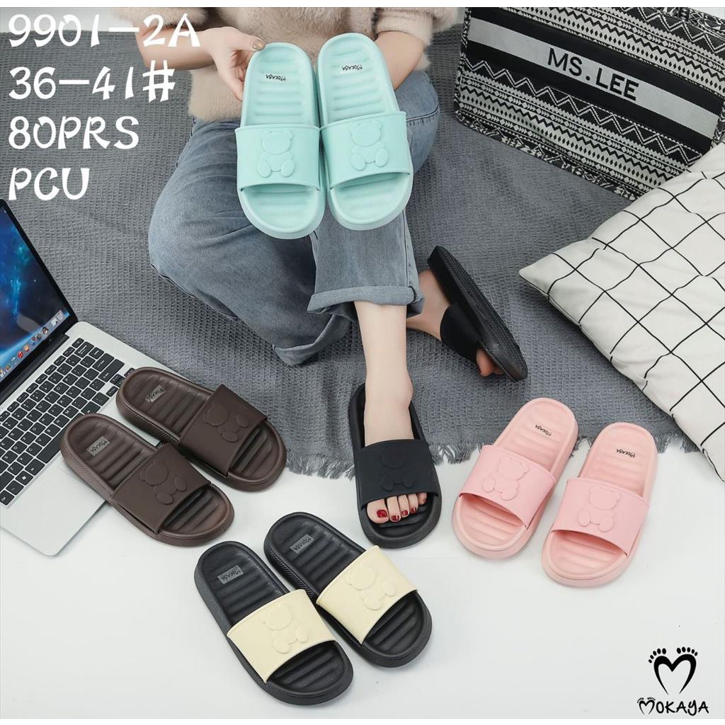 (9901-2A) Sandal Slop Jelly Wanita Ban Bear Beruang Sama Warna Sol Garis Timbul Super Lucu Cantik Elegant Kekinian Import Mokaya / Size 36-41