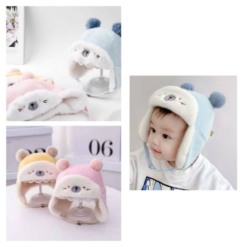 Topi Bayi Baby Anak Batita Bear Cowok Cewek 6 7 8 9 10 11 Bulan 1 Tahun Baby Hat Bahan Bulu Tebal Lucu Biru Pink Pastel Beruang