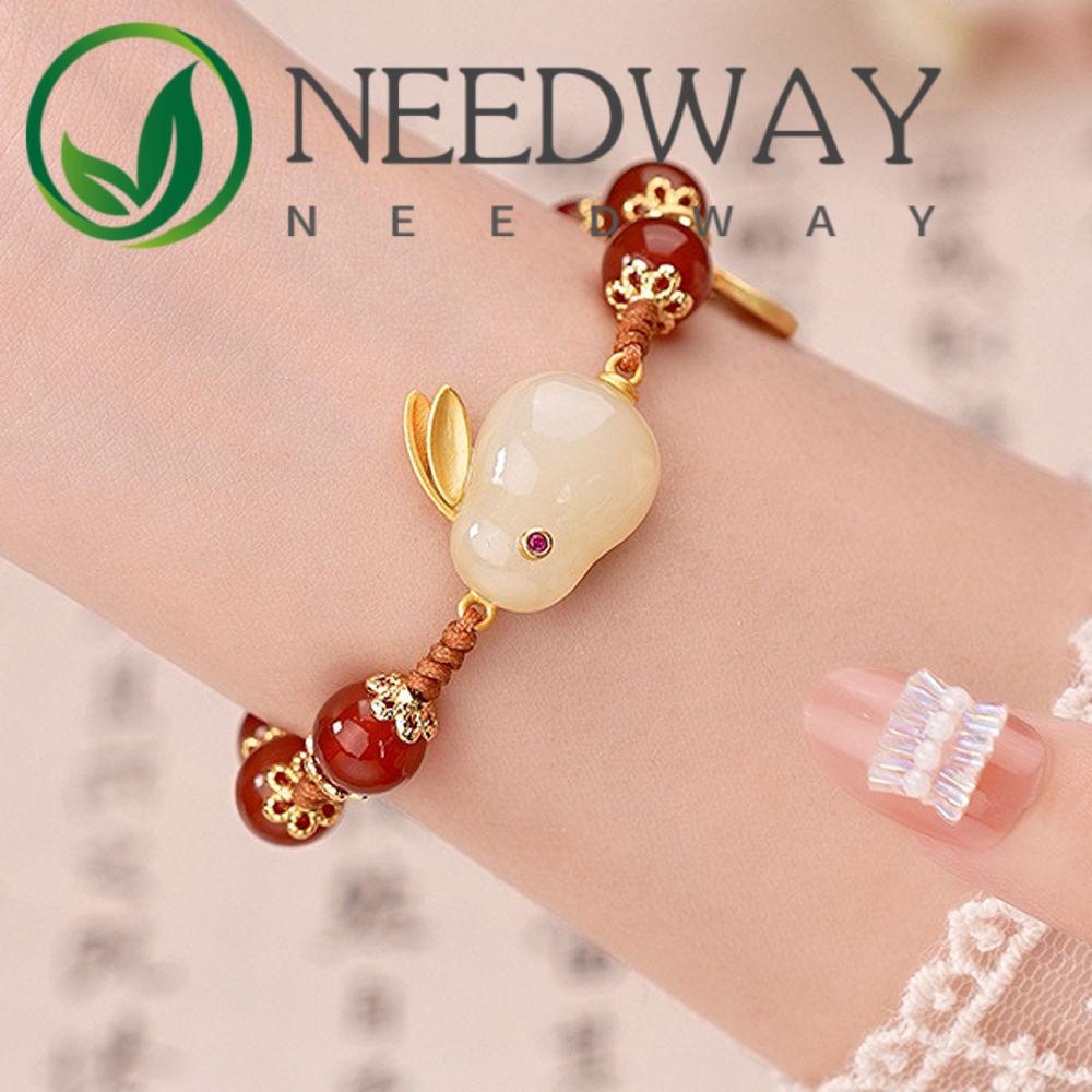 Gelang Giok Agate Merah Hijau Bentuk Kelinci Gaya China Korea Untuk Hadiah