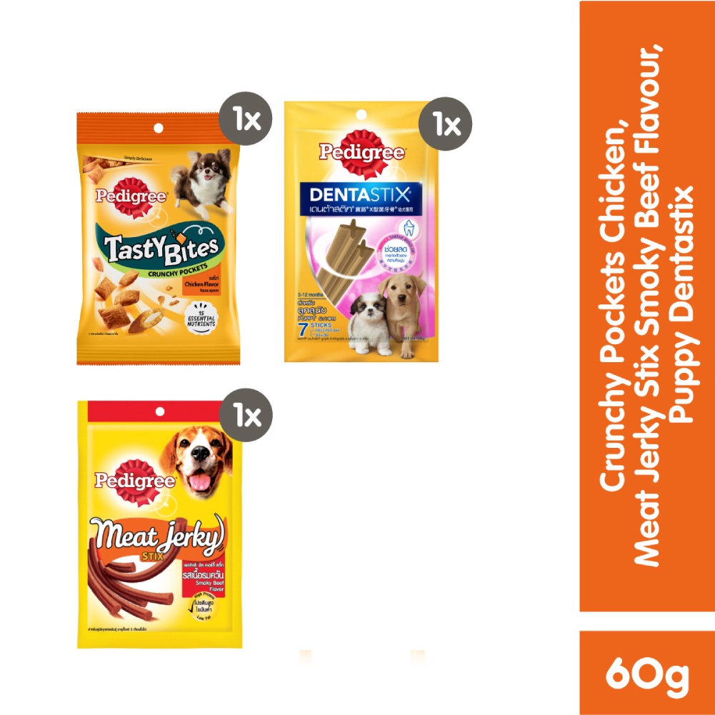 PEDIGREE® Dentastix Snack Anjing Puppy 56g + Tasty Bites Chicken 60g + Meat Jerky 60g