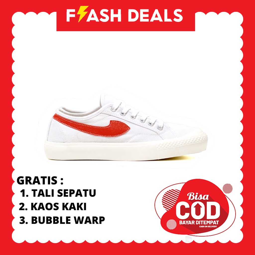 ORIGINAL 100% Sepatu Lokal Kasual Pria Wanita No Brand White Red Low Not Sneakers Compass Gazelle Pu