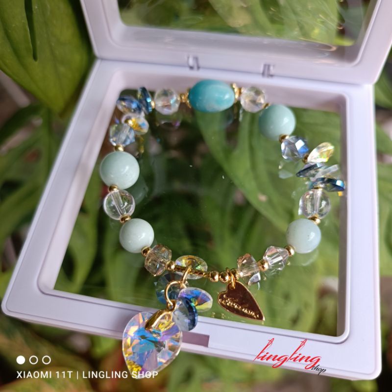 Gelang batu kristal love, gelang box batu kristal, gelang batu kristal mix titanium anti karat