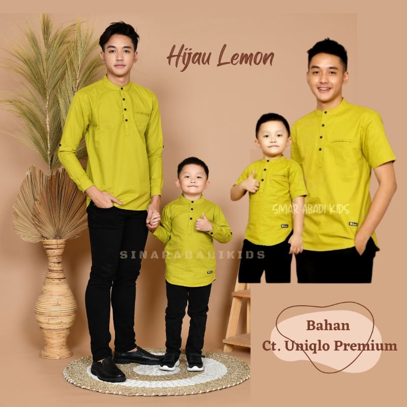 Qurlu - Kemeja Koko Anak/Dewasa HIJAU LEMON ada saku dada (Bisa Couple Ayah Anak)