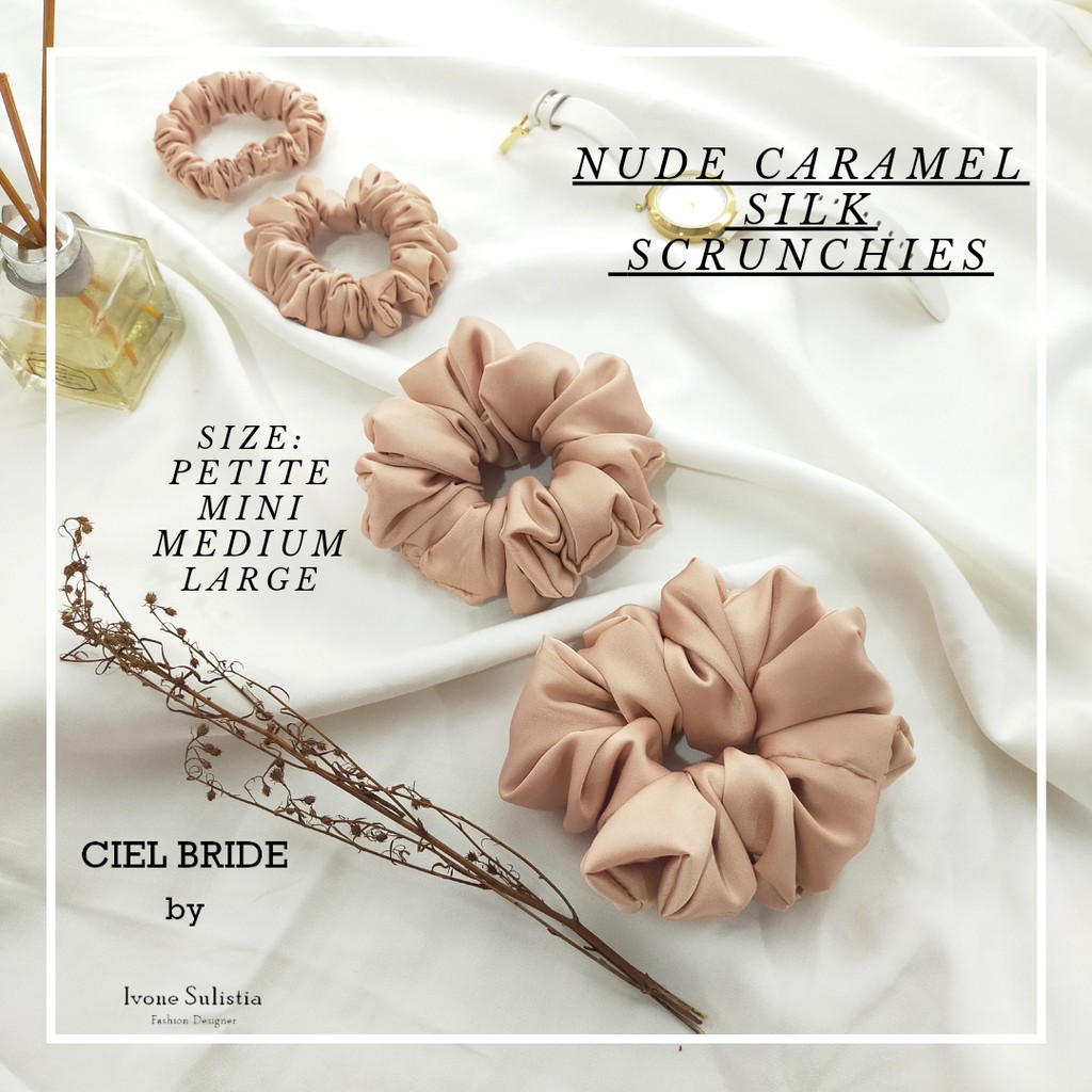 nude caramel silk scrunchies | ikat rambut sutra italia