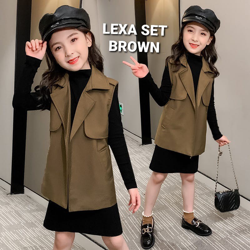 LEXA SET BROWN / DRESS ANAK KOREA IMPORT / BAJU TERUSAN ROMPI IMPOR / SETELAN REMAJA KASUAL