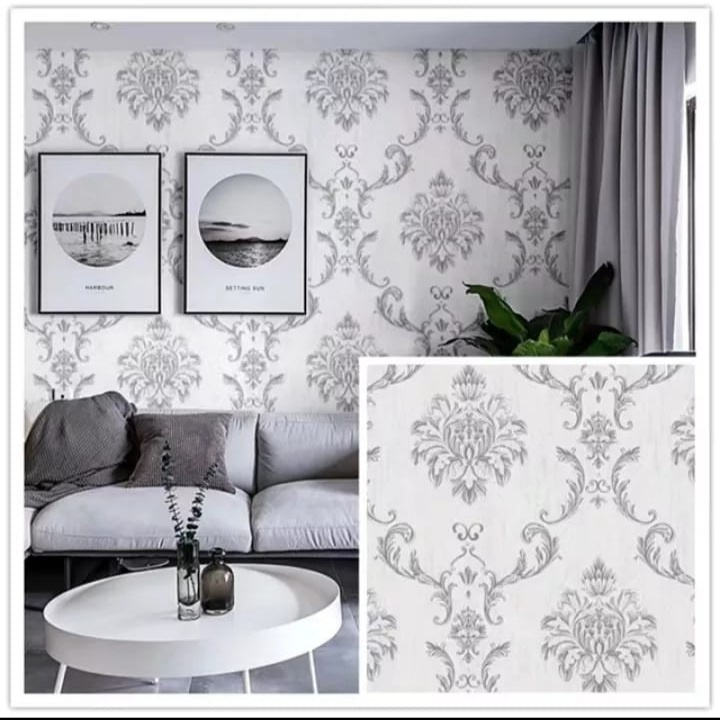 WALLPAPER DINDING MOTIF CORAK BATIK SILVER DASAR PUTIH