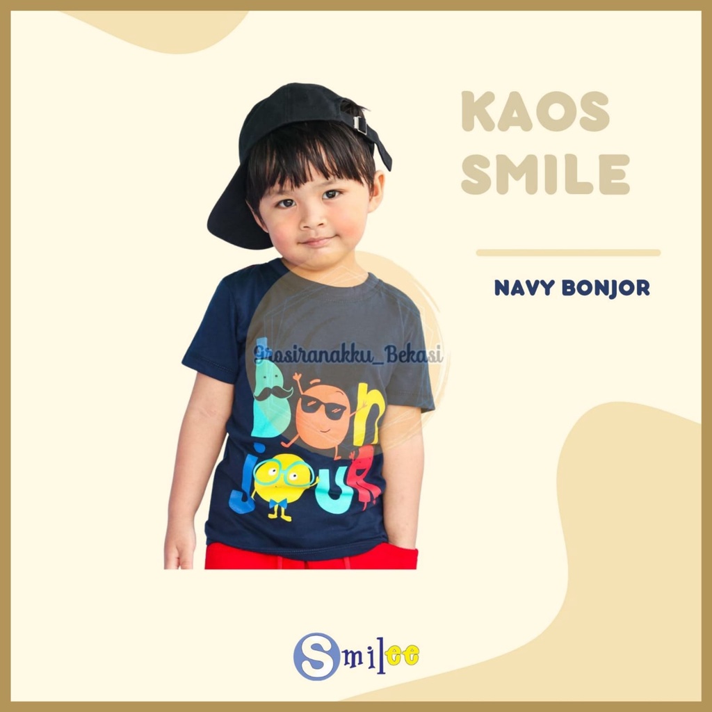 Kaos Anak Cowok Smilee Murah Navy Bonjour 1-5Tahun