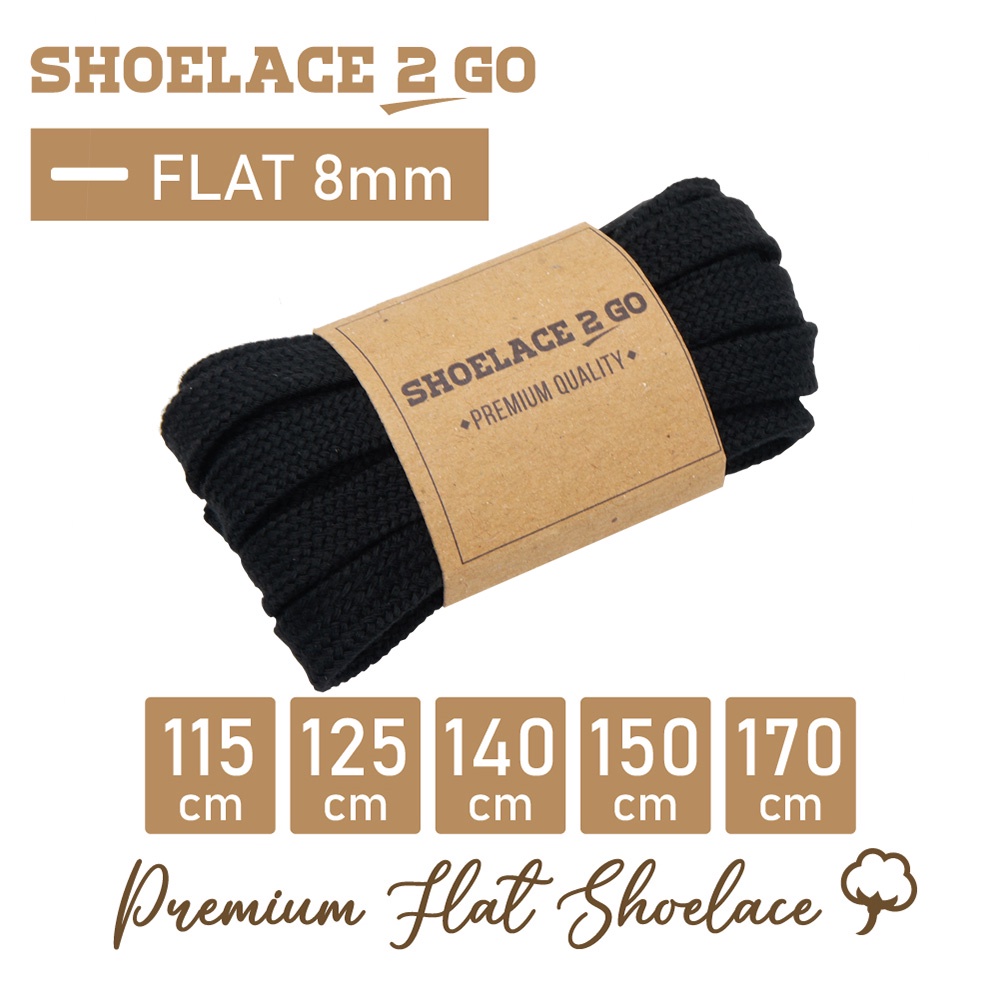 SHOELACE 2 GO PREMIUM TALI SEPATU GEPENG PIPIH FLAT B2 - BLACK - 125CM 140CM