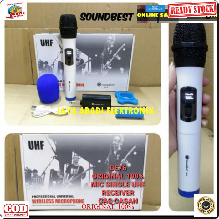 G76 MIKROPHONE SOUNDBEST WIRELESS UHF SINGLE RECEIVER CAS CASAN MINI PROFESIONAL PRO KARAOKE AUDIO SOUND SYSTEM VOKAL PANGGUNG DJ STUDIO ADA BONUS BUSA DAN KARET ANTI JATUH MICNYA BISA DIGUNAKAN SEGALA JENIS AUDIO SUARA BAGUS COCOK BUAT ACARA