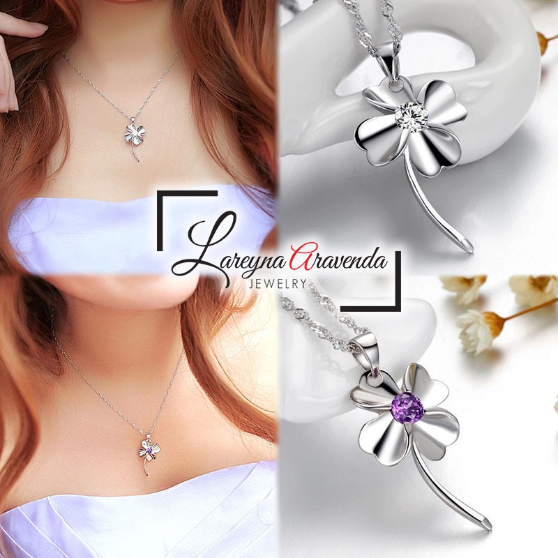 Kalung Titanium Asli + Liontin Model Daun Clover Crystal Kristal Zirconia