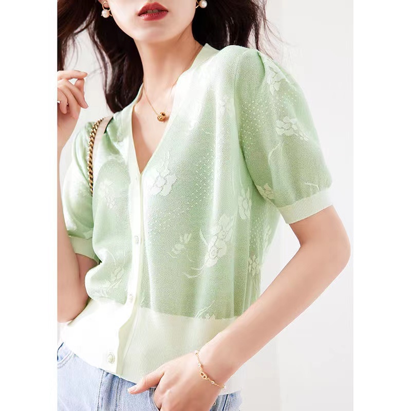 【Elegant】Korean Summer Sweet Vintage Stylish Knit Short Sleevee  V Neck T-Shirt 7482