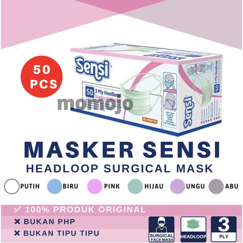 MASKER SENSI SURGICAL FACE MASK 3 PLY ISI 50 HEADLOOP