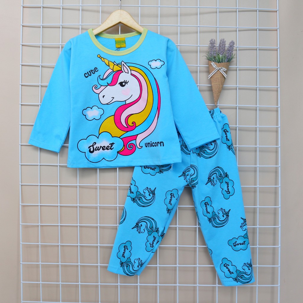 KJ Motif Cute Unicorn / Setelan Baju Celana Piyama Anak / Bayi Perempuan  Usia 2 - 8 tahun