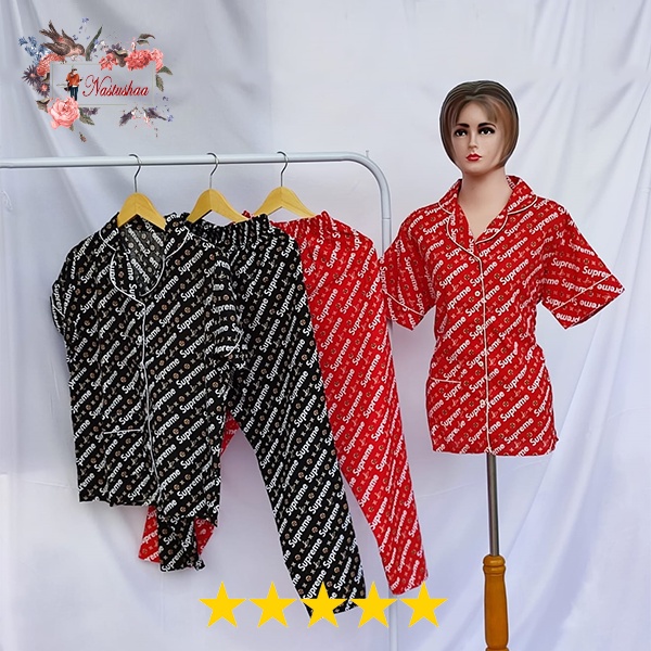 BAJU TIDUR PIYAMA PAJAMAS SETELAN DEWASA WANITA MOTIF BRANDED BAHAN KATUN JEPANG BABYDOLL KANCING DEPAN BUSUI FRIENDLY LENGAN PENDEK CELANA PANJANG ALL SIZE