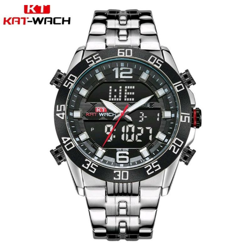 TREENDINGGGGG_0KAT-WACH_KT1802 Jam Tangan Pria Digital Analog Tali Stainless Luminous