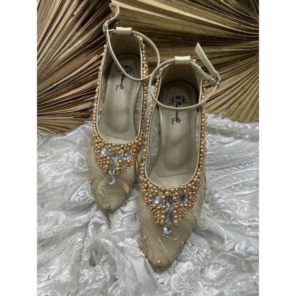 sepatu wedding wanita sayfira gold tali 5cm kaca