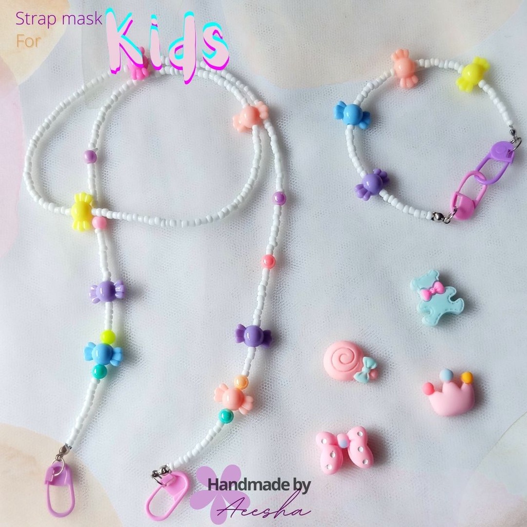 Set Strap masker Tali Kalung Konektor Masker  Hijab Anak Kids sekolah warna warni permen putih
