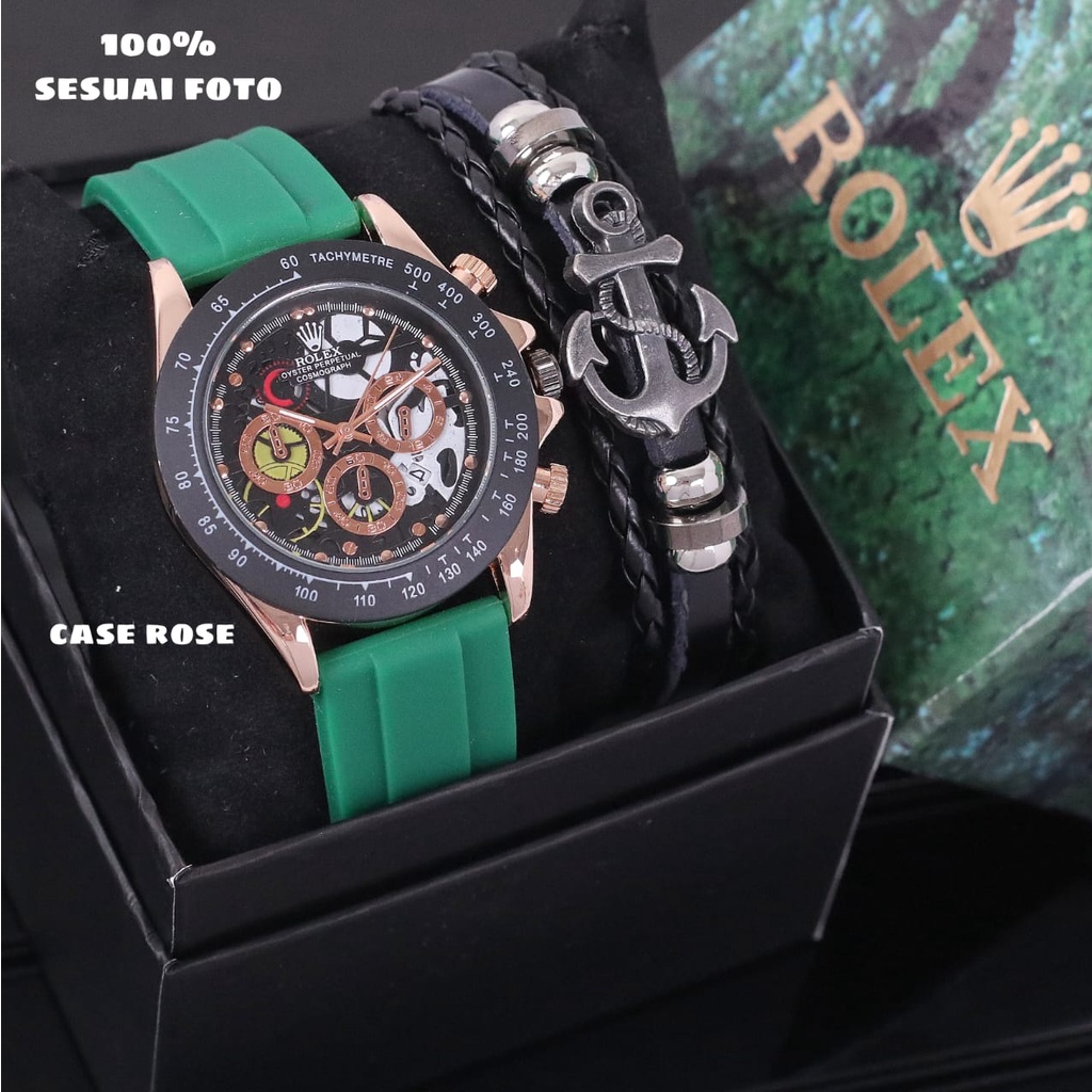 COD Jam Tangan Pria Rolex Tali Karet Case Rose Free Gelang Jangkar Chrono Variasi Tanggal Aktif Box 
