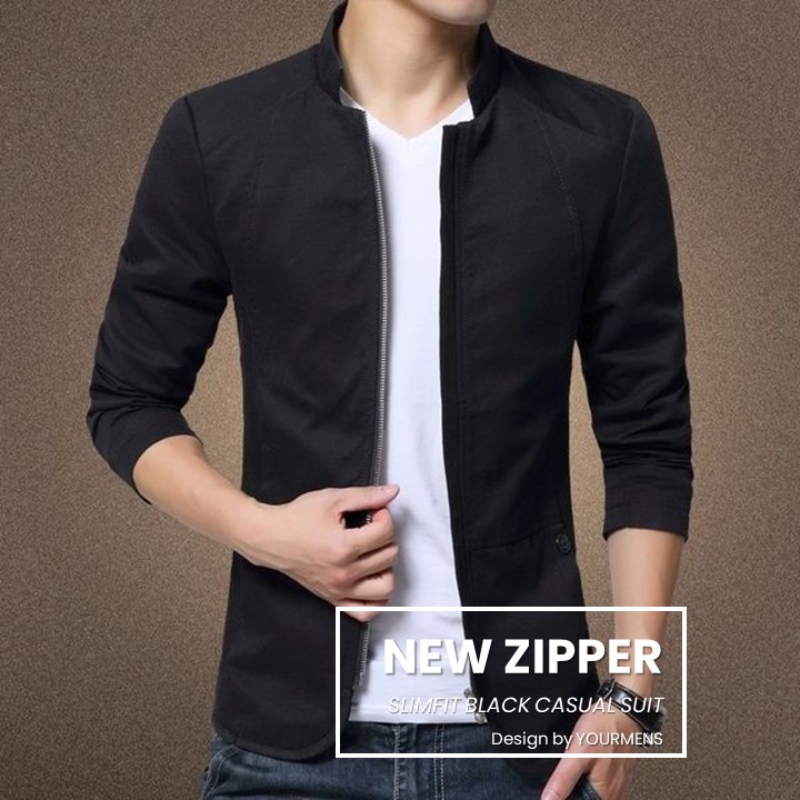 BLAZER PRIA ZIP BLACK MEN SUIT CASUAL HANGOUT NEW STYLE ORIGINA NIKAYU SLIMFIT