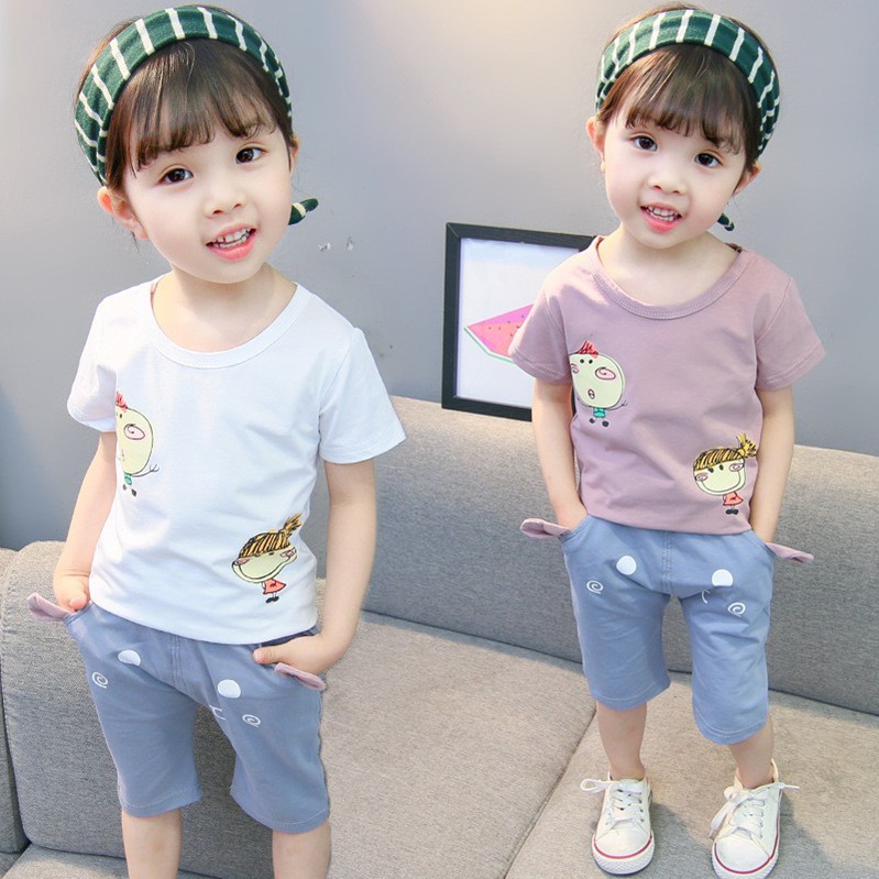 Set 2Pcs Kaos  T Shirt dan Celana  Pendek  dengan Bahan  Katun 