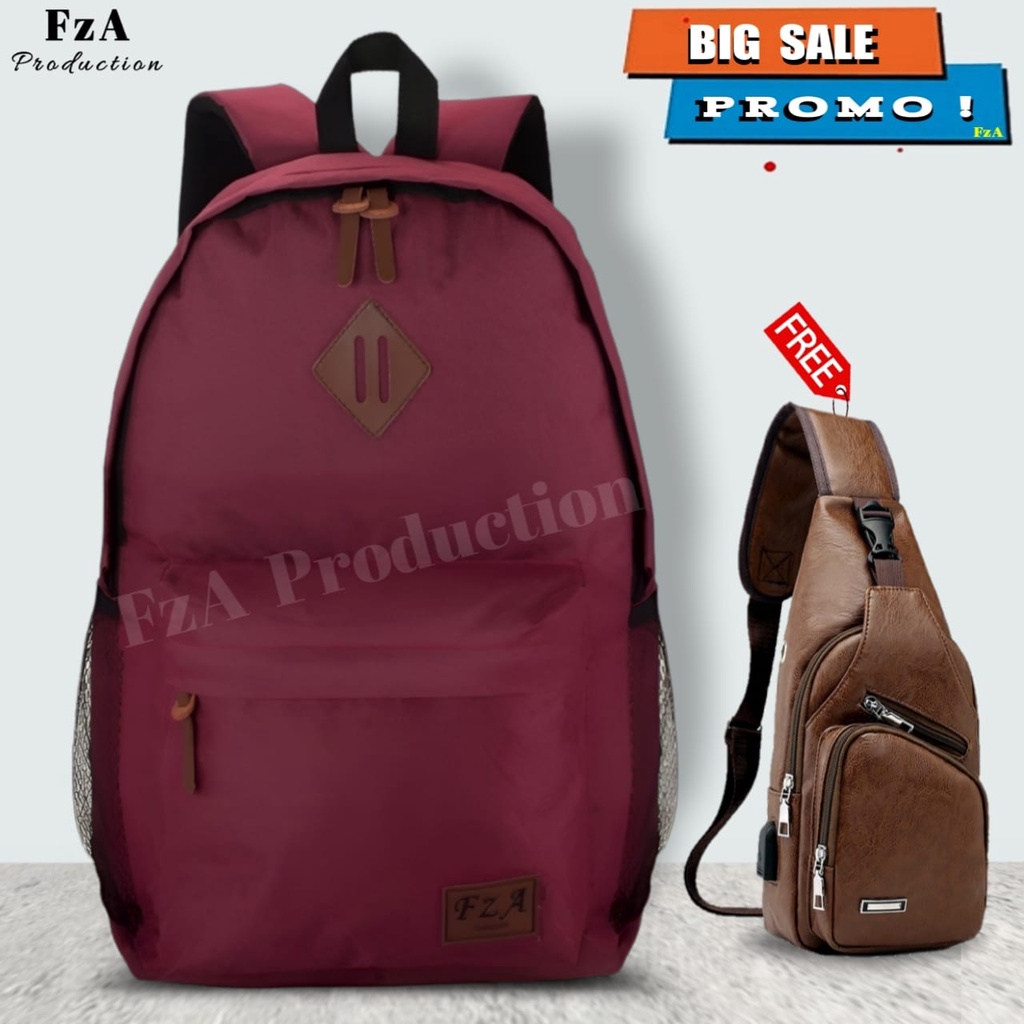 Tas Ransel Punggung Distro Casual Pria Wanita / Tas Ransel Laptop Original FzA FREE Tas Slempang Kulit